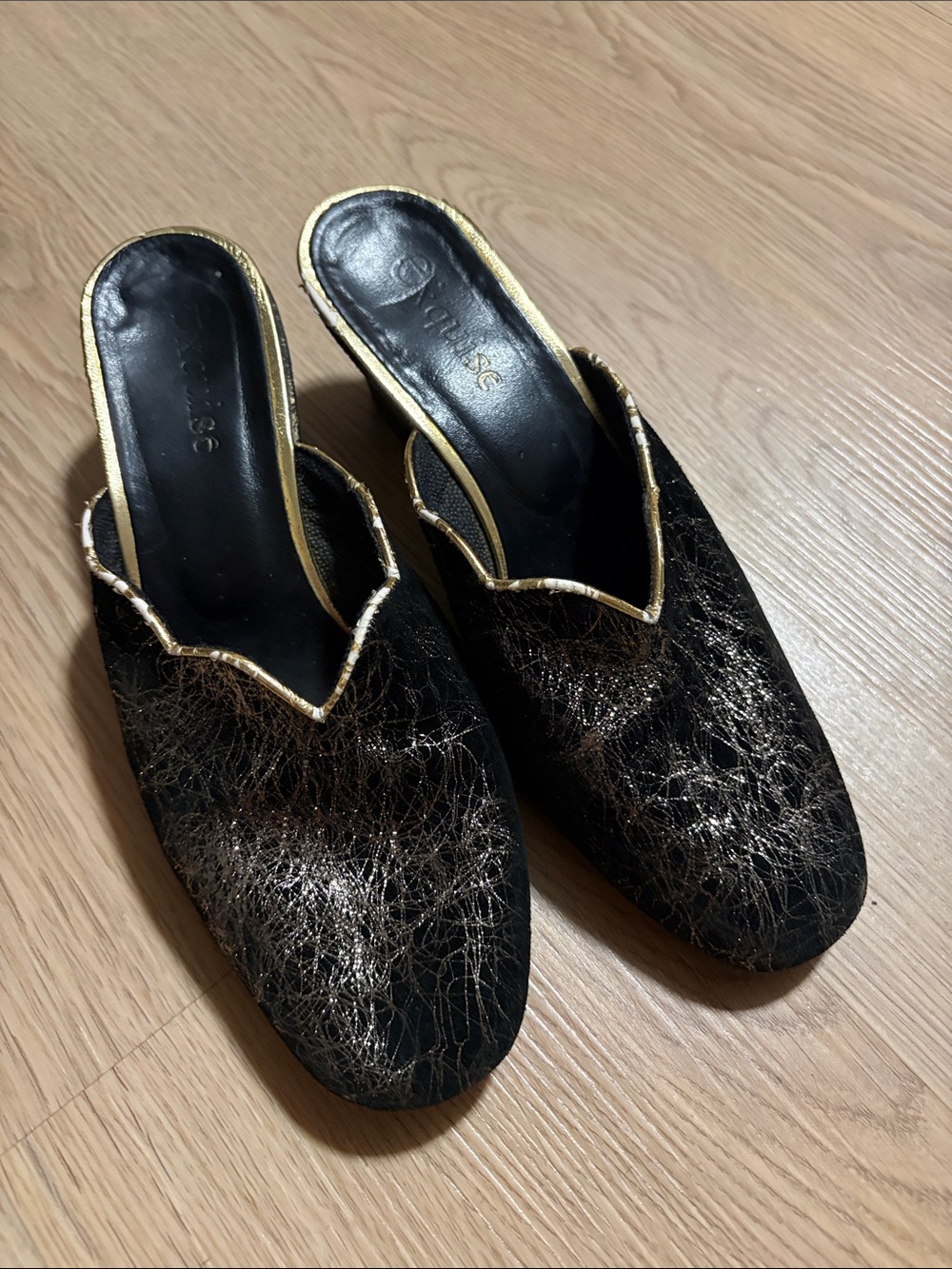 Vintage Women's Black & Gold Slip-On Mules